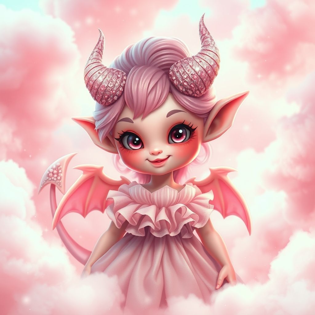 A cute, girly demon with pink skin and glittery horns.