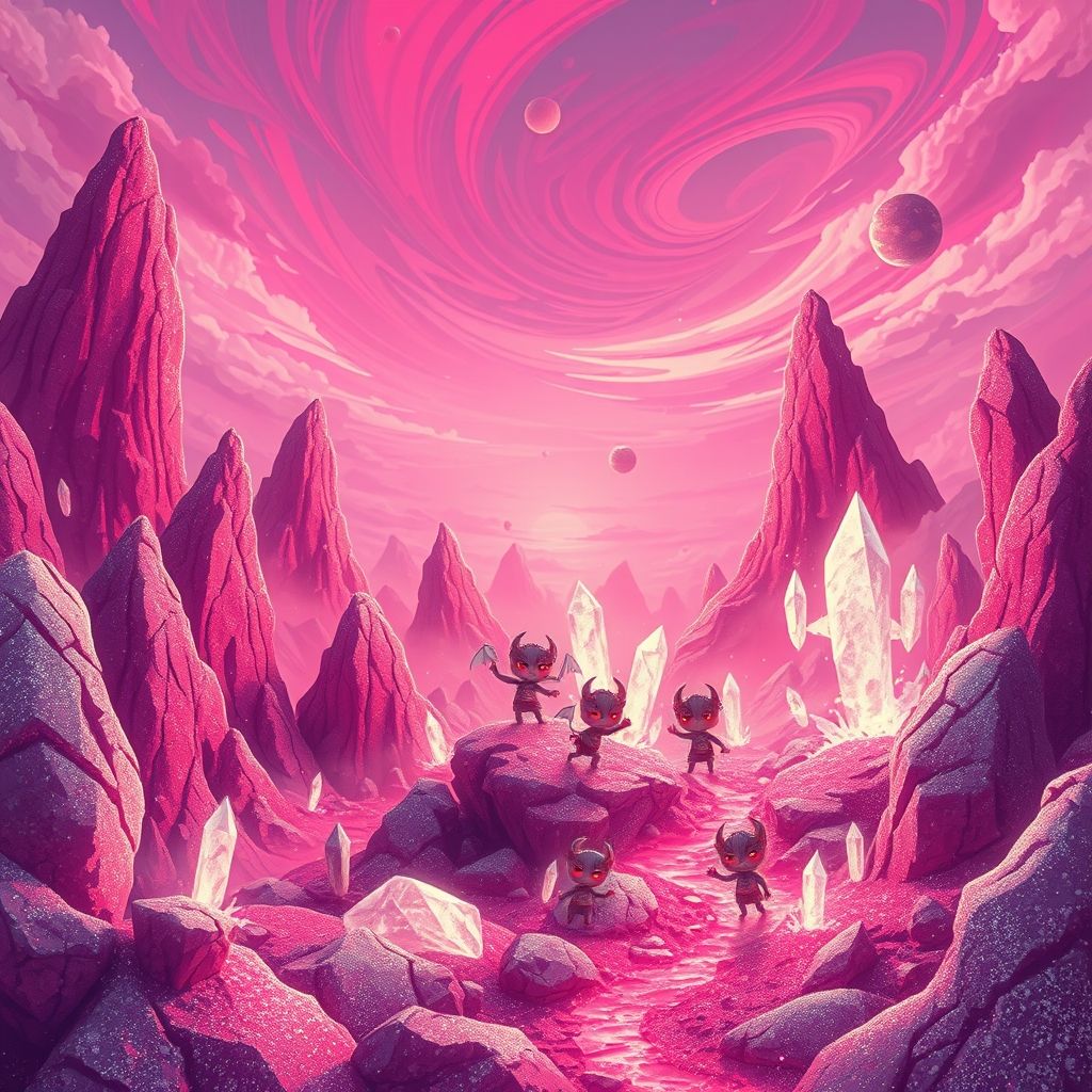 A landscape of a pink hell with glittery lava rivers and cotton candy clouds.