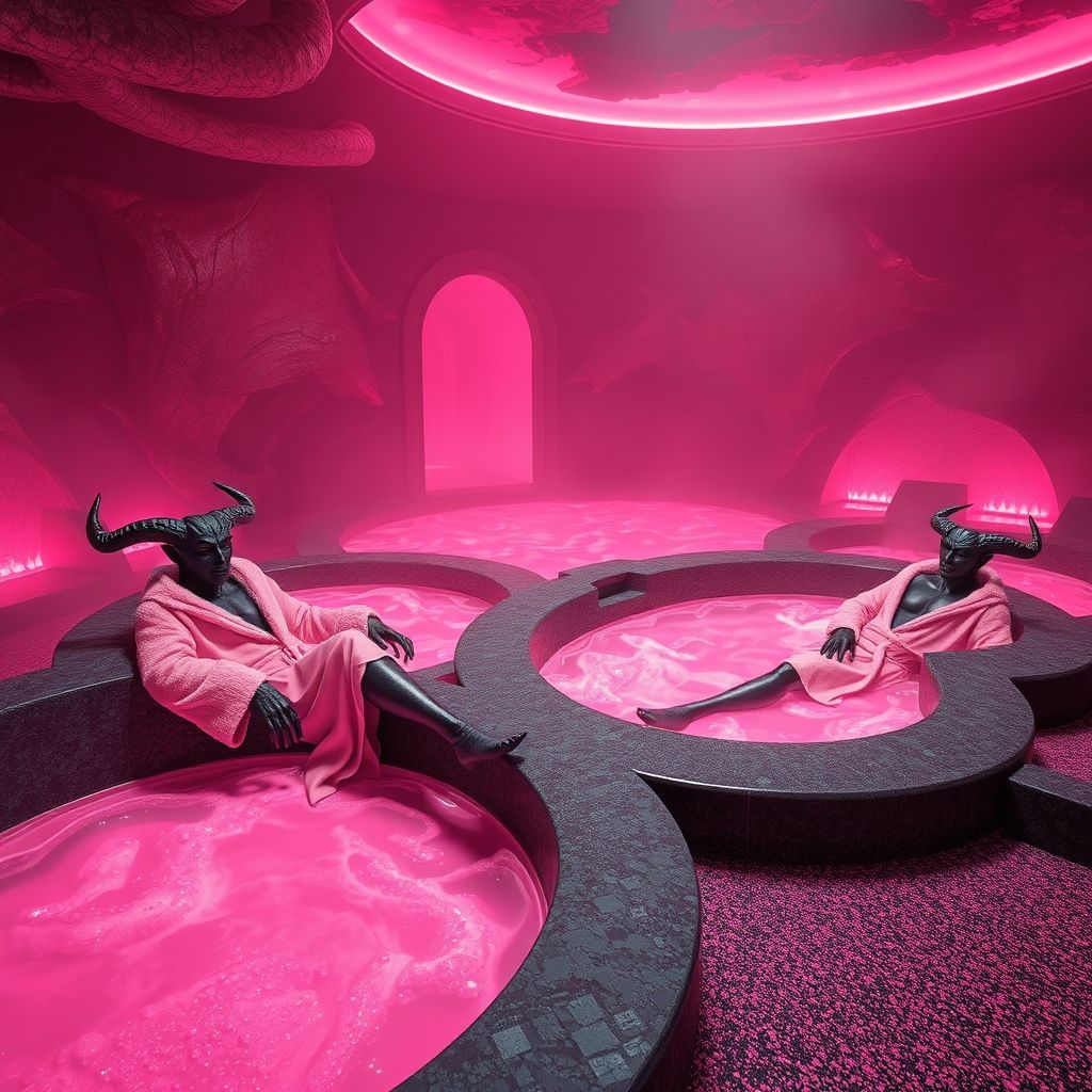 A luxurious pink hell spa with demons relaxing.